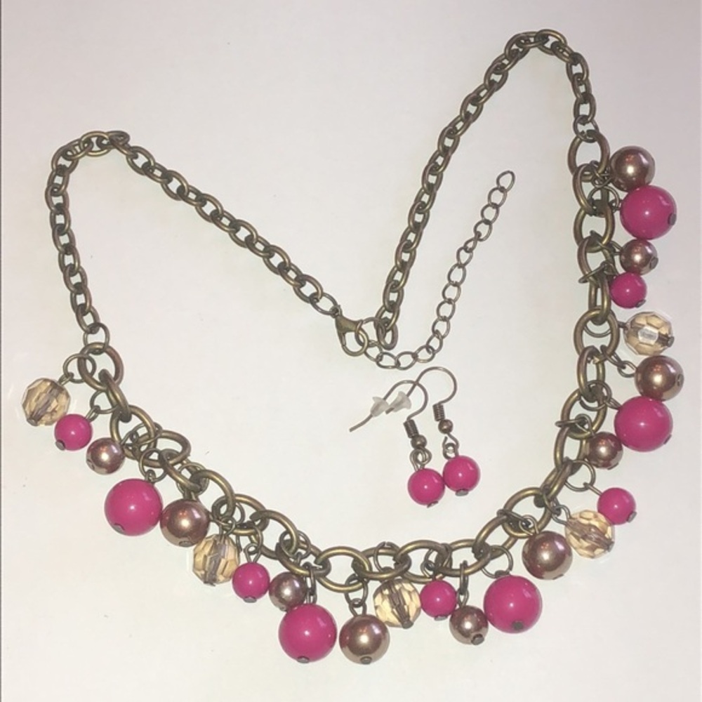 Elegant Pink and Brass Tone Beaded Boho Necklace and Earring Set